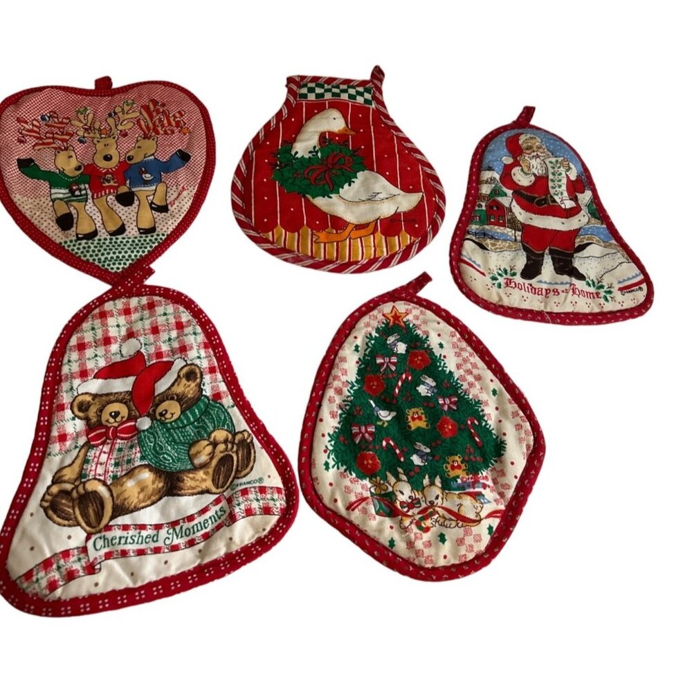 Vintage Franco Christmas Pot Holders Set Of 5 With Santa Reindeer Duck Bears